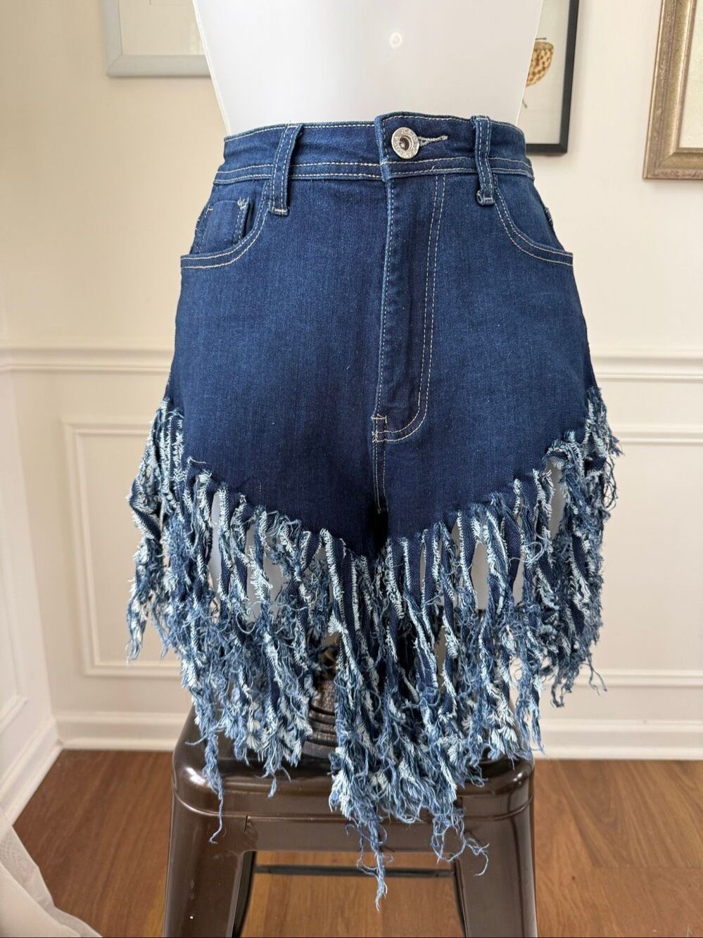 Swank A Posh Long Fringe High Rise Denim Festival Shorts Blue M